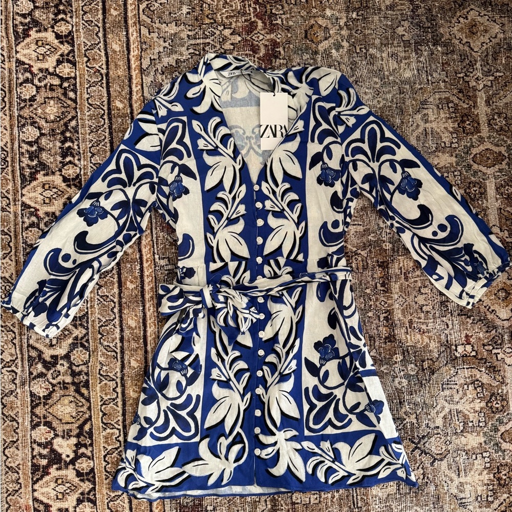 ZARA blue&white Damask dress NWT